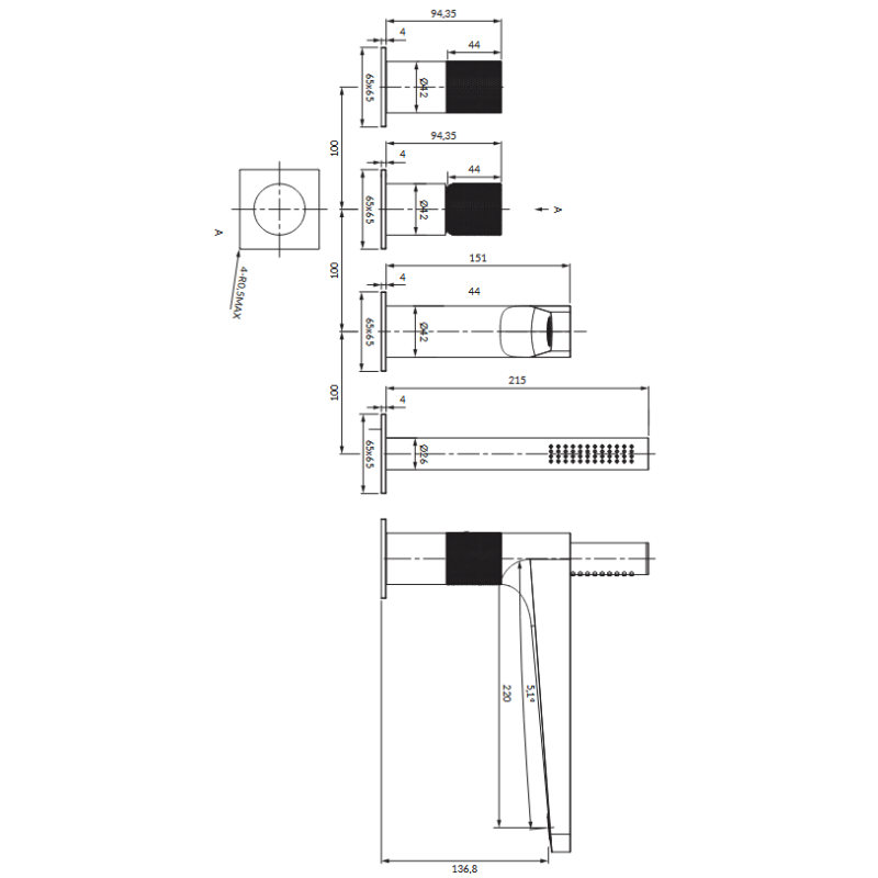 Omnires Contour CT8032GLB — bateria wannowa 4-otworowa złoty szczotkow