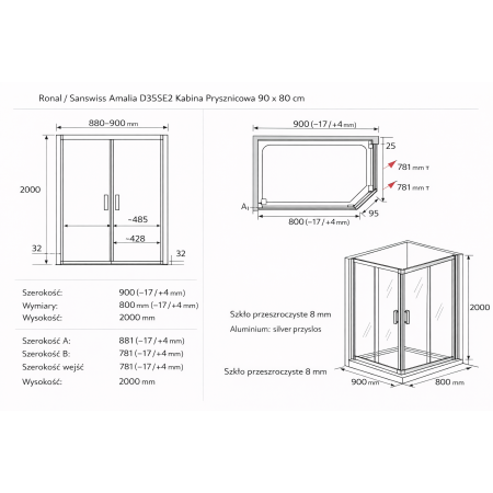 Ronal Sanswiss Amalia D35SE2 90×80 — kabina prysznicowa
