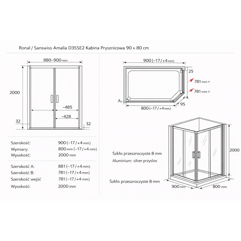 Ronal Sanswiss Amalia D35SE2 90×80 — kabina prysznicowa