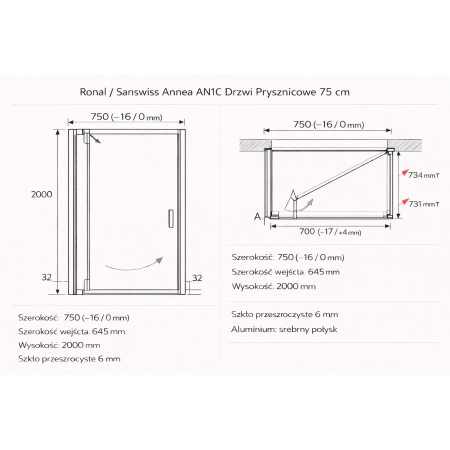Ronal Sanswiss Annea AN1C 75 cm — drzwi prysznicowe