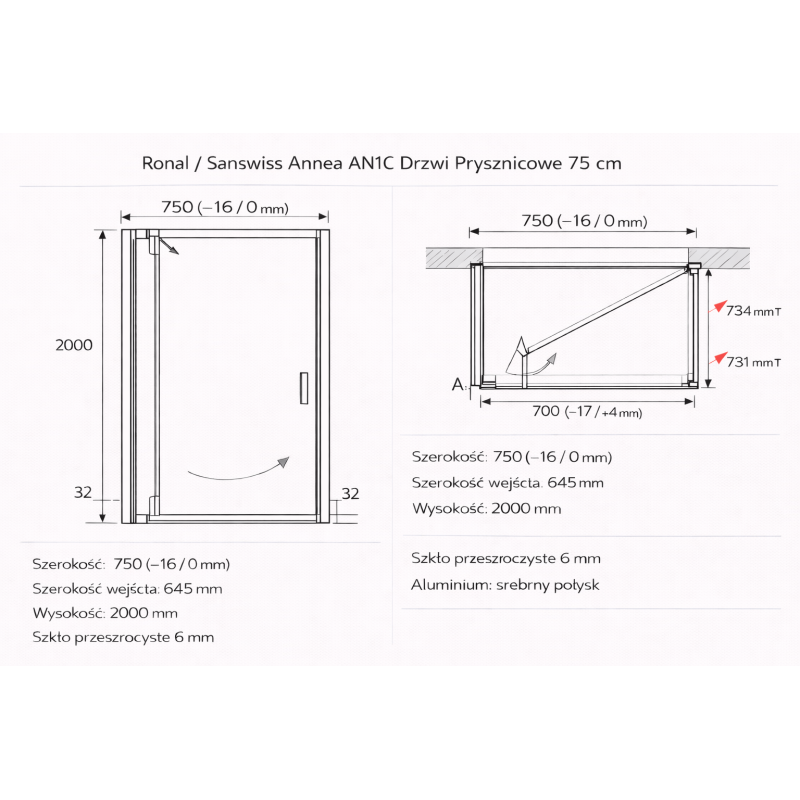Ronal Sanswiss Annea AN1C 75 cm — drzwi prysznicowe