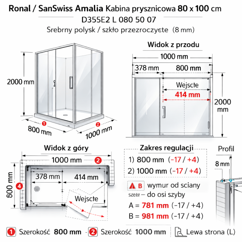 Ronal Sanswiss Amalia D35SE2 80×100 — kabina prysznicowa