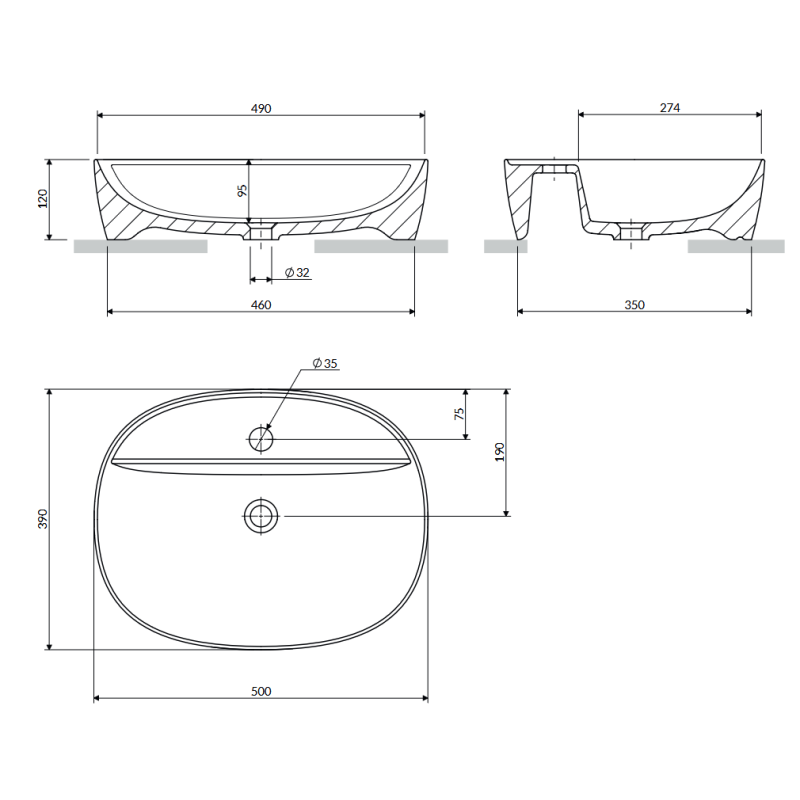 Omnires ATLANTA505BP umywalka nablatowa 50x39 cm biały połysk